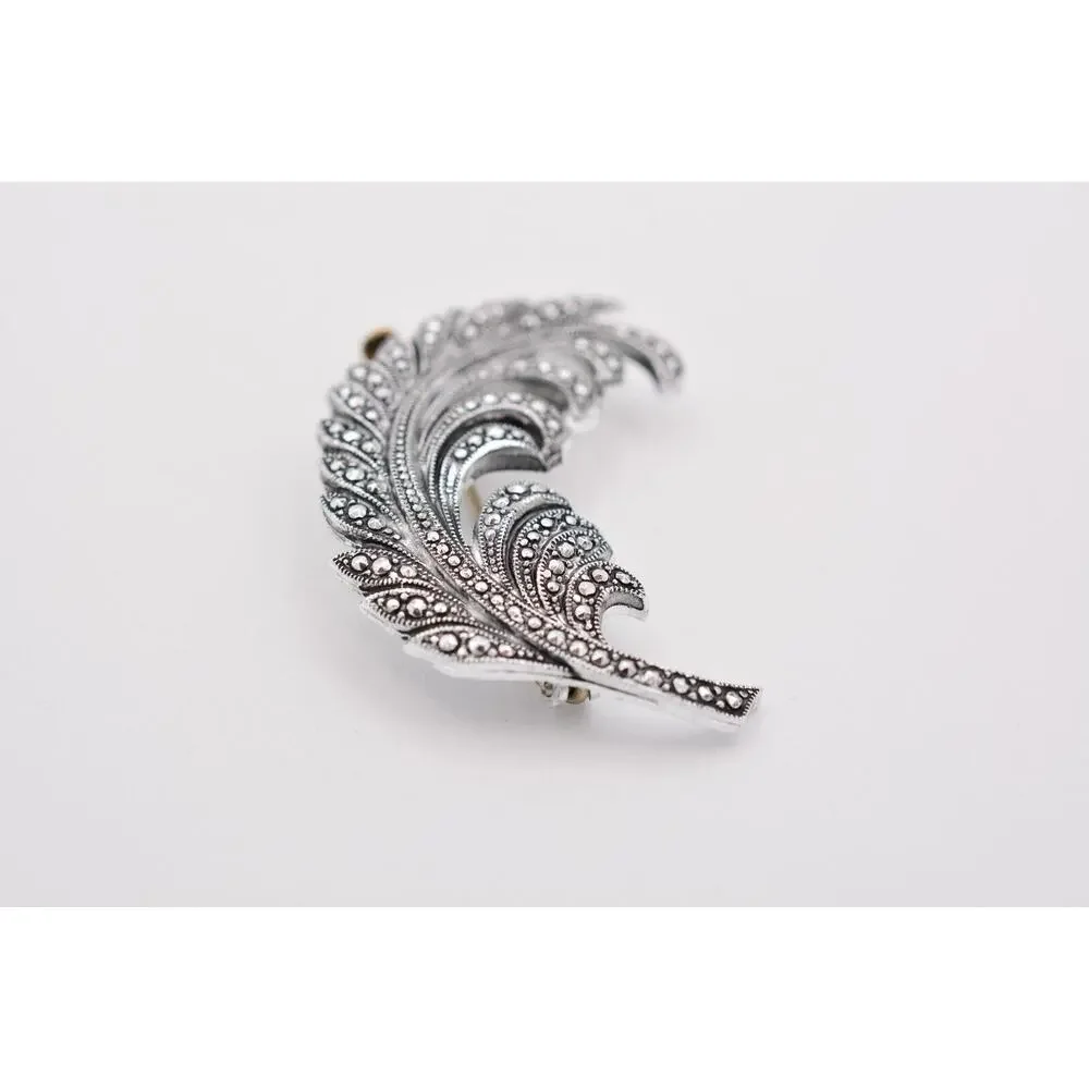 West Germany Vintage Leaf Pin Feather Brooch Silver Lightweight Signed 70s Bin5A